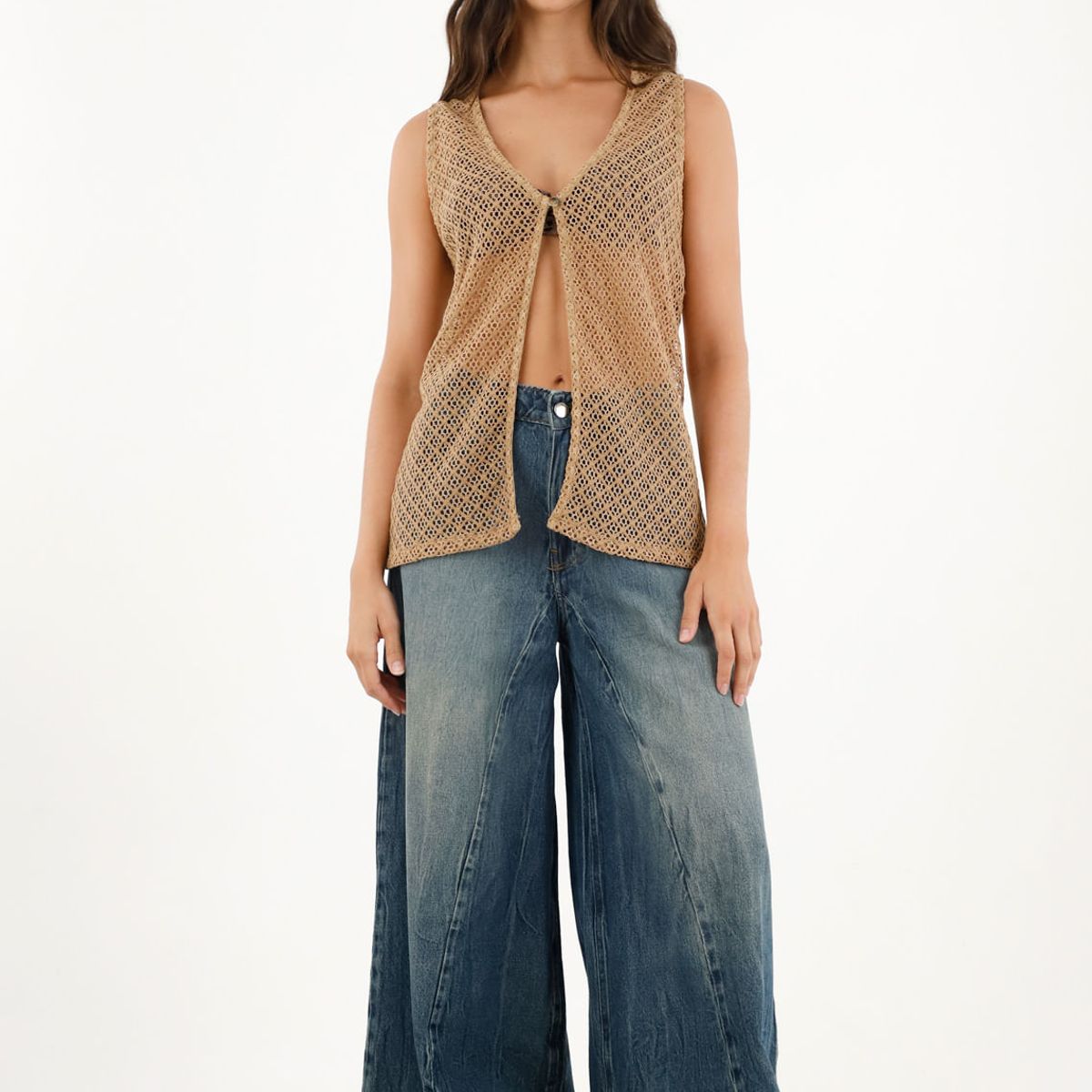 TOPMARK - Chaleco café tejido con abertura para mujer