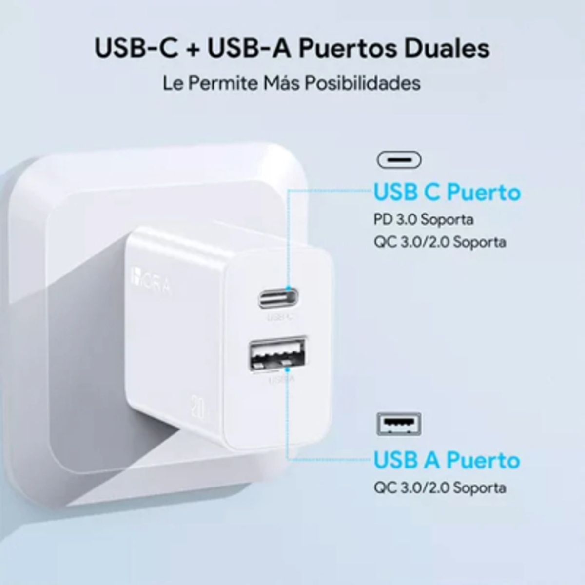 1 HORA - Cargador doble puerto, usb 20W,  tipo C 15W carga rapida