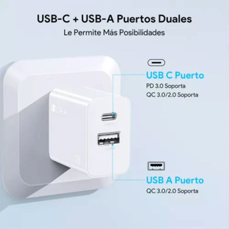 1 HORA - Cargador doble puerto, usb 20W,  salida tipo C 15W carga rapida