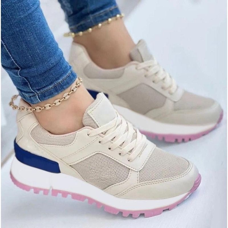GENERICO - Tenis Beige Azul Dama Zapatillas Zapatos Mujer Lindos Moda Casual