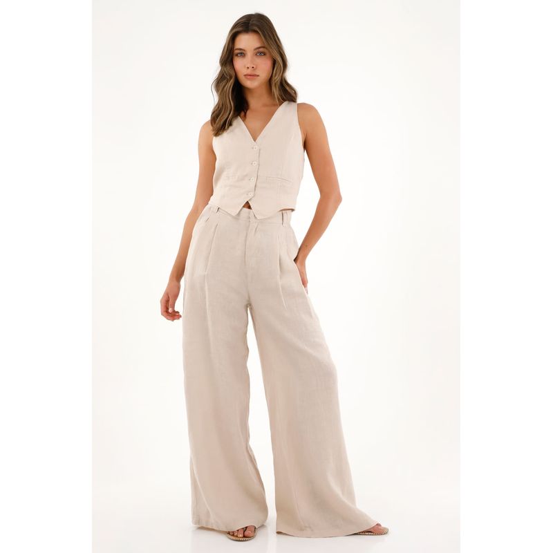 TENNIS - Pantalón Wide Leg crudo en lino 100% para mujer