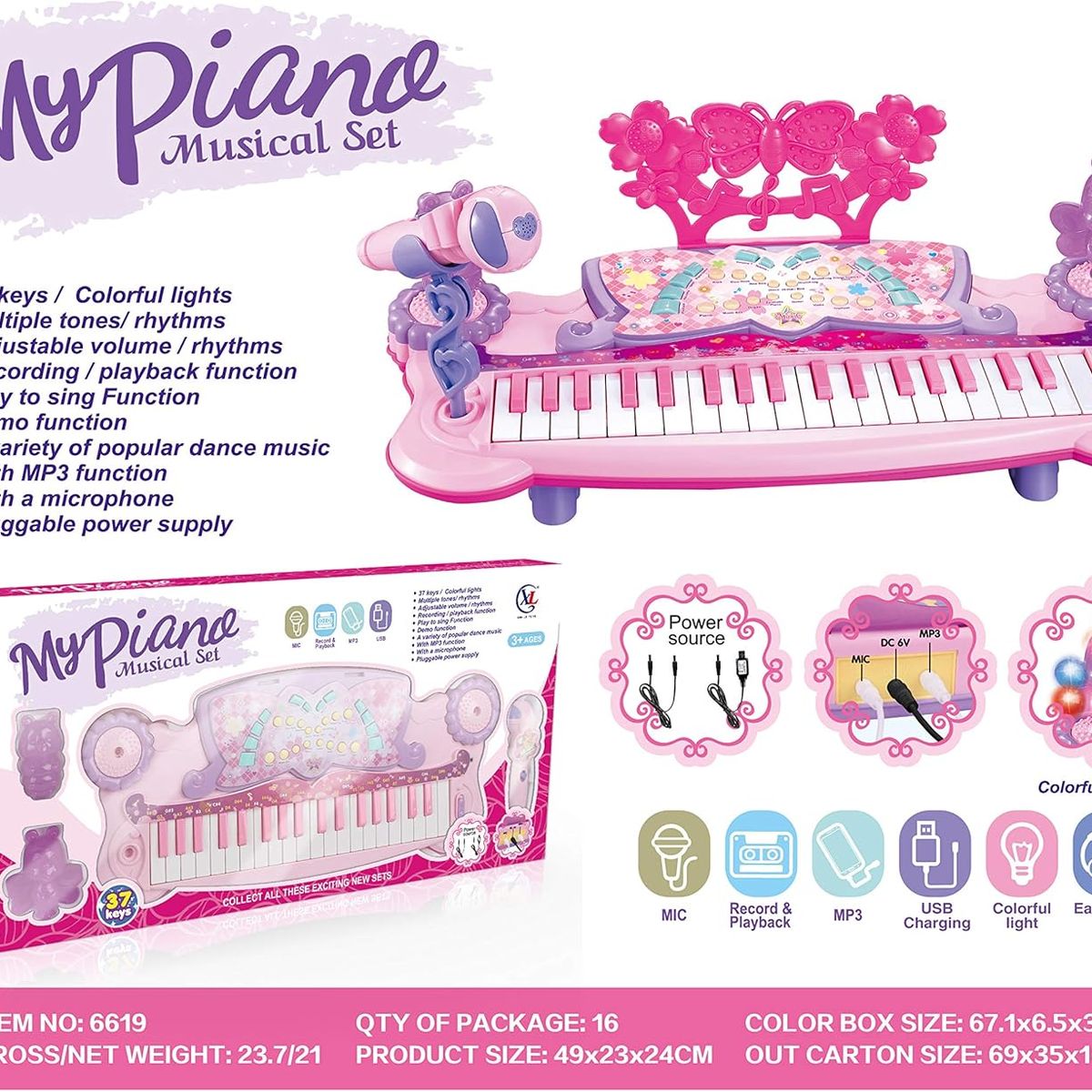 JUGUETERIA EXPRESS - Organeta Piano Niña Con Microfono Luces Melodias Mp3 Juguete