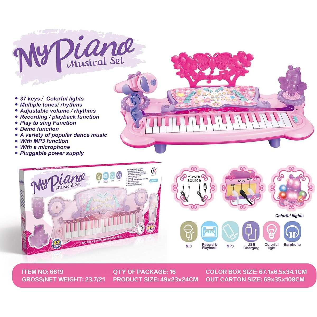 JUGUETERIA EXPRESS - Organeta Piano Niña Con Microfono Luces Melodias Mp3 Juguete