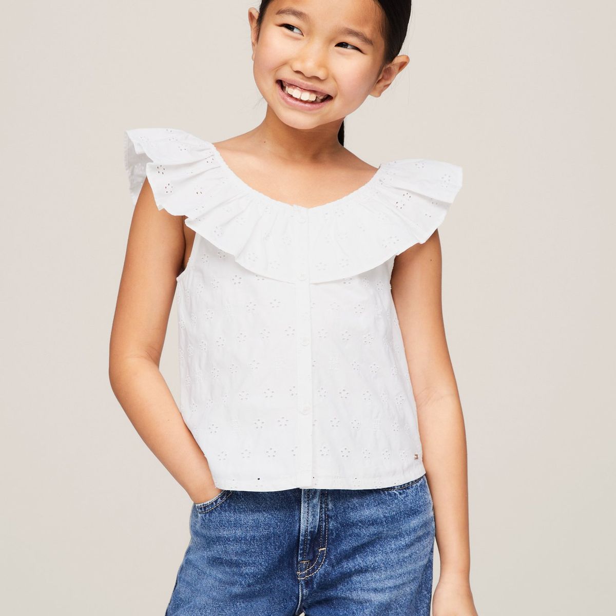 TOMMY HILFIGER - Blusa Blanca Niña Blanca Calada Cropped Th Monogram Tommy Hilfiger