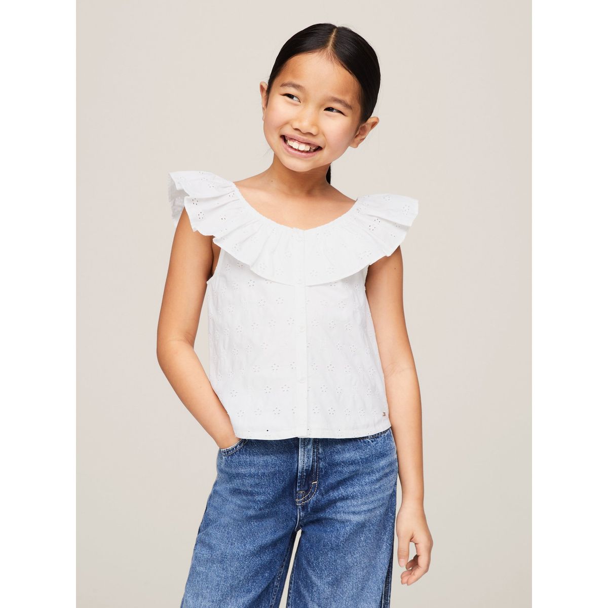 TOMMY HILFIGER - Blusa Blanca Niña Blanca Calada Cropped Th Monogram Tommy Hilfiger