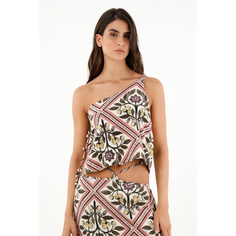 TOPMARK - Camisa estampada de cuello clásico tipo crop para mujer