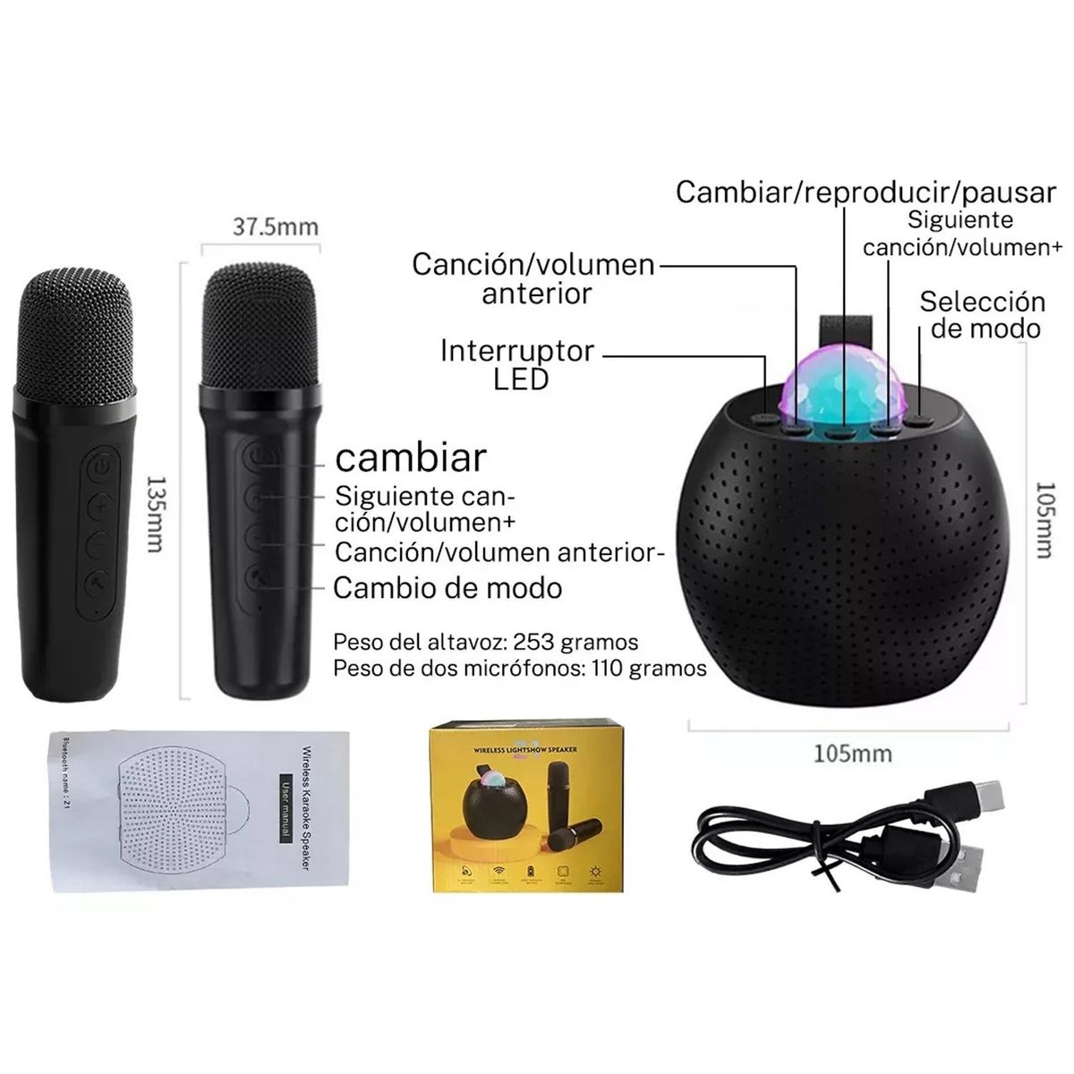 ONE PIXEL - Kit Parlante Y Micrófono Karaoke Para Niños Bluetooth Led