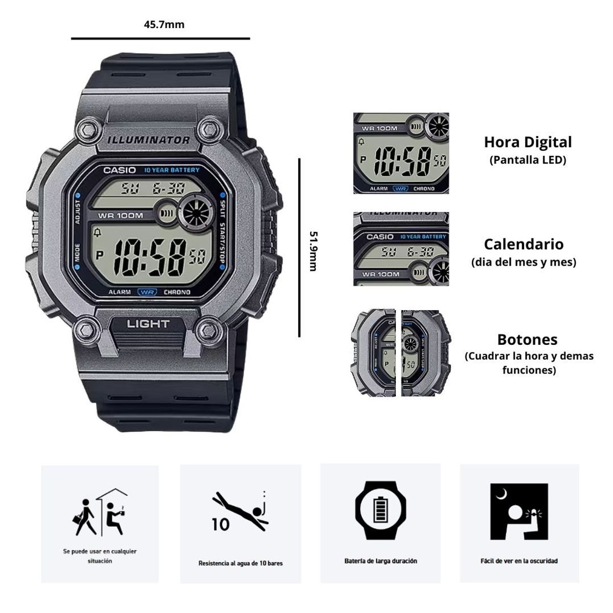 CASIO - Reloj Casio Modelo W-737H-1A2 Diseño Deportivo