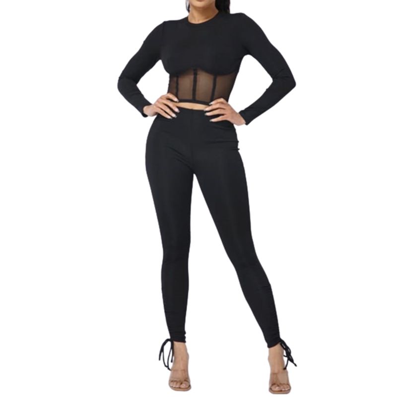 VIA7 - set de blusa manga larga escote abdomen y leggins pegado tiras