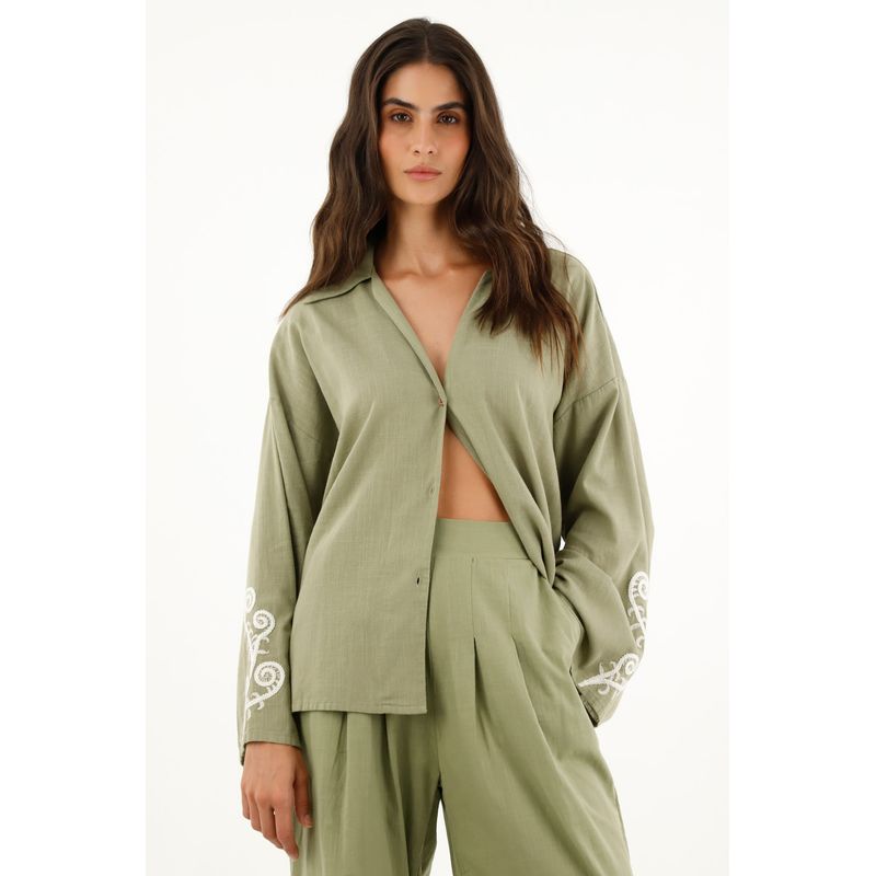 TOPMARK - Camisa verde manga larga acampanada para mujer