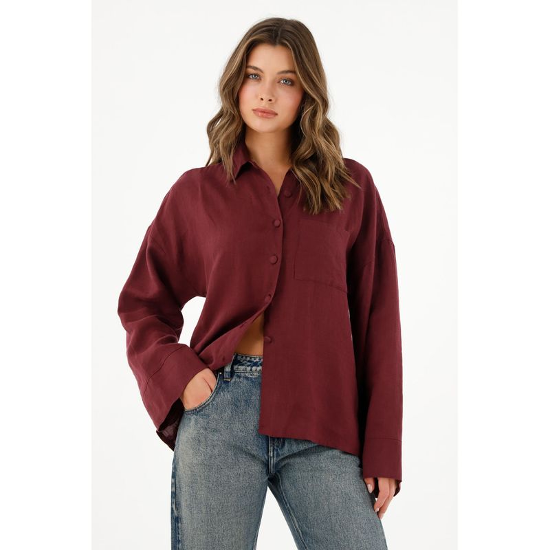 TENNIS - Camisa en 100% lino manga larga roja para mujer