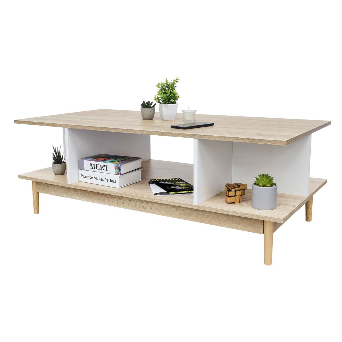 TOPLIVING - Mesa de Centro Moderna Estilo Nórdico Blanco y Marrón-