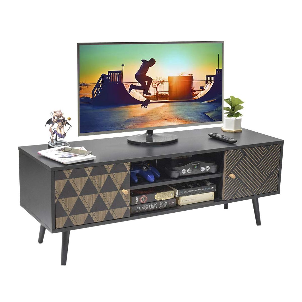 TOPLIVING - Mueble para TV Rack Vintage Con Estantes y Puertas Negro-