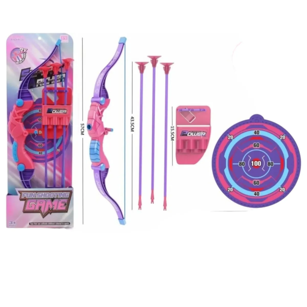 INFANTILES CAJUROMIX - Arco  57 Cm Con 3 Flechas Y Blanco De Tiro rosado con morado