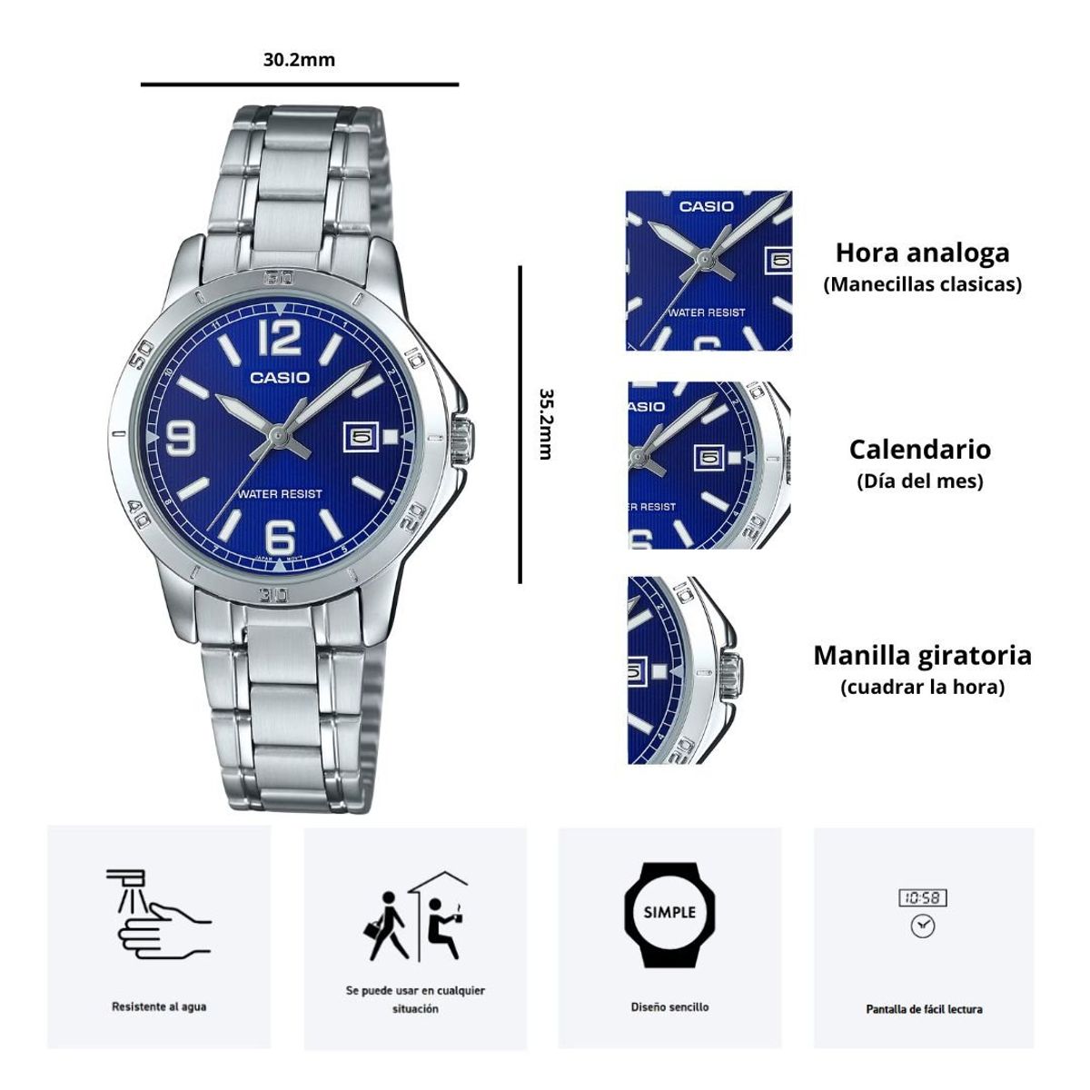 CASIO - Reloj Casio LTP-V004D-2B Dama Diseño Elegante