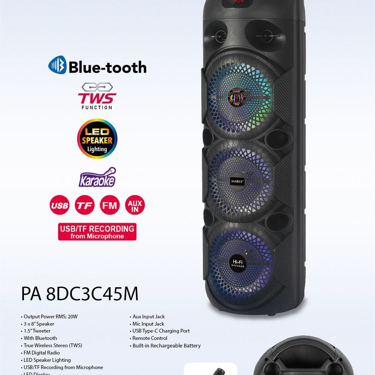 SANKEY - Parlante Bluetooth Recargable de 8 Pulg 3 Bocinas Sankey PA8DC3C45M