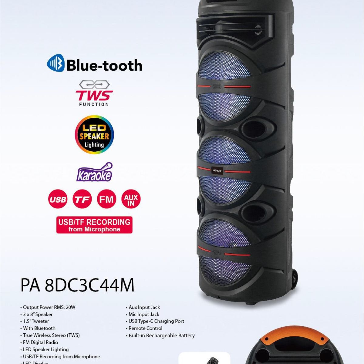 SANKEY - Parlante Bluetooth Recargable de 8 Pulg 3 Bocinas Sankey PA8DC3C44M