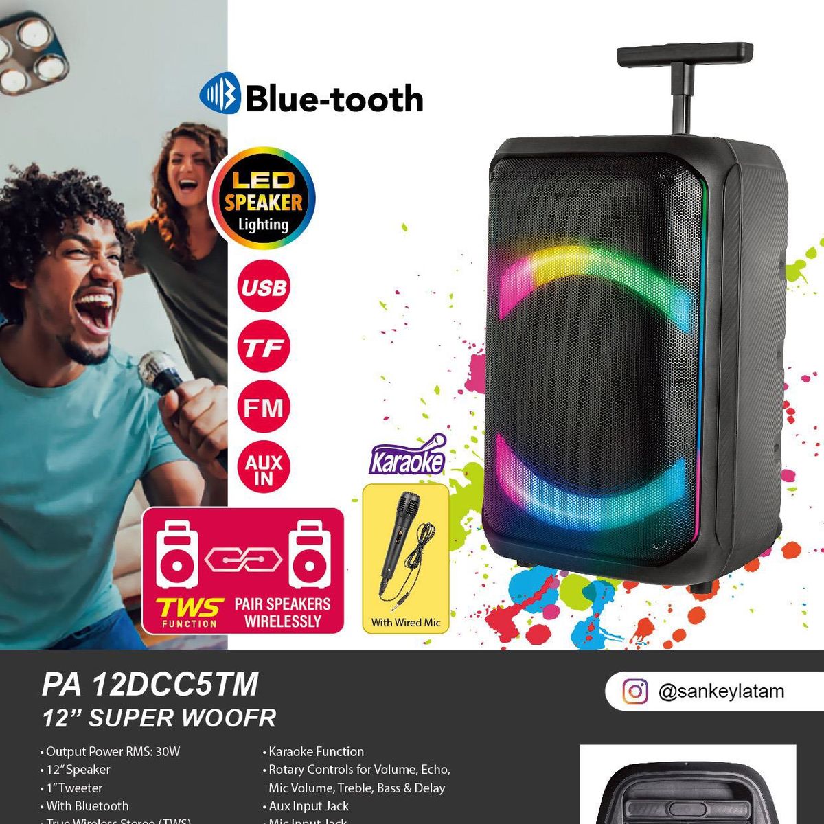 SANKEY - Parlante Bluetooth Recargable de 12 Pulg Sankey PA12DCC5TM