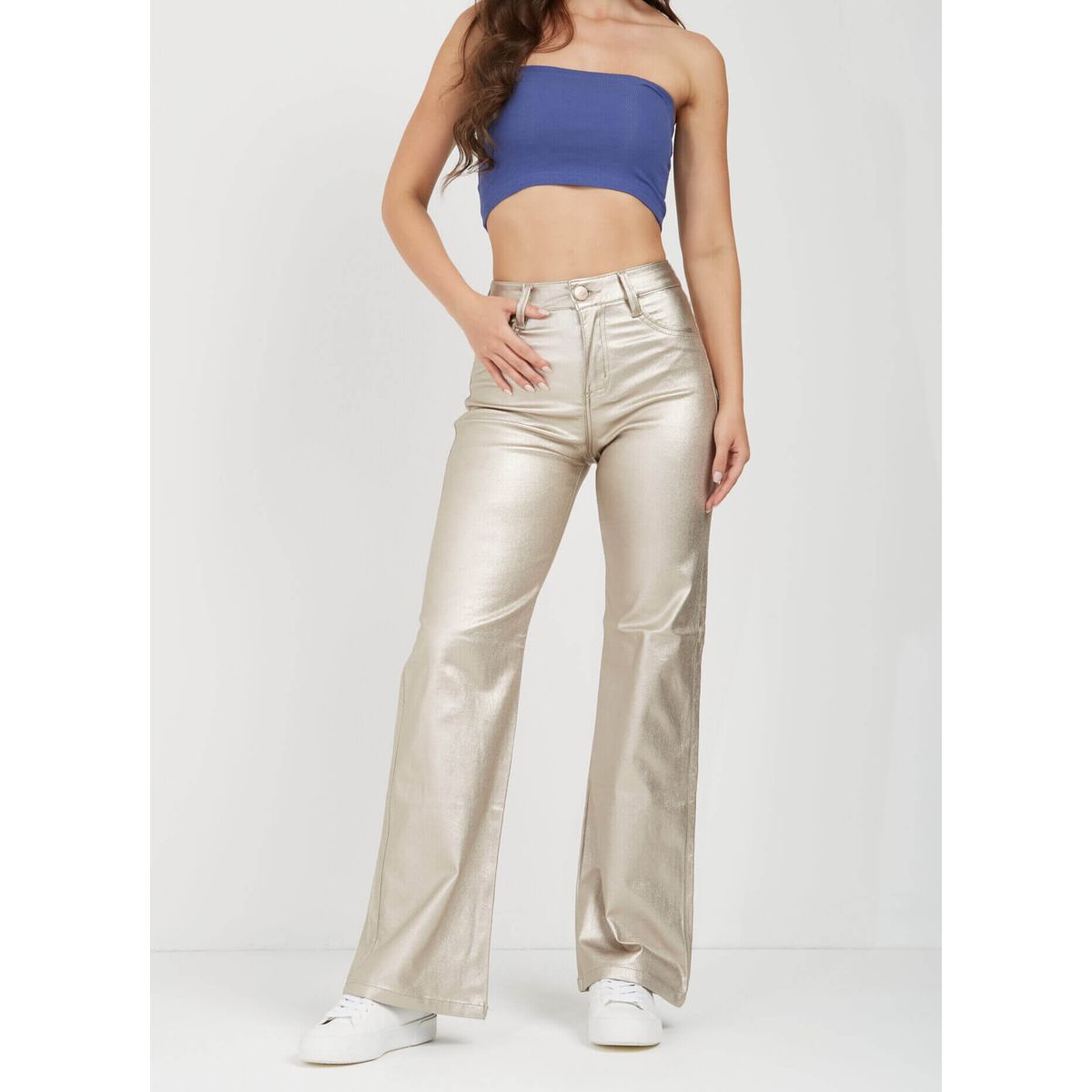 FRIOLENTA - Pantalon Cuerina Momfit Metalizado Dorado