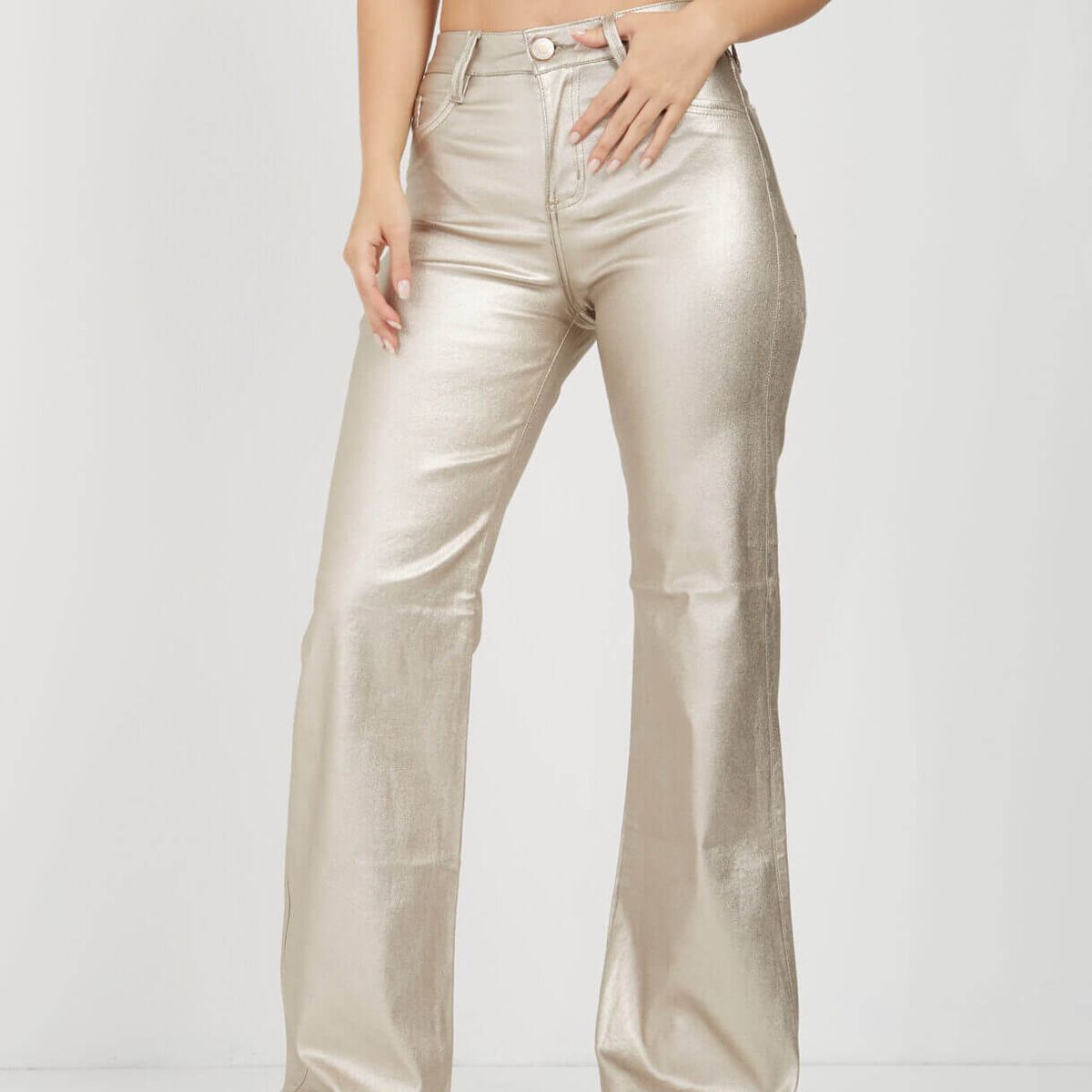 FRIOLENTA - Pantalon Cuerina Momfit Metalizado Dorado