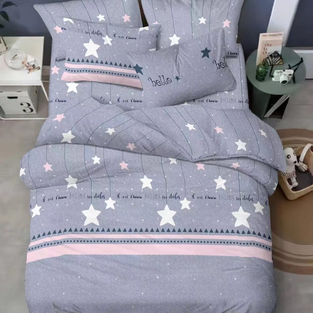 SIRENITAS - Juego sabanas Cama Sencilla Gris Estrellas