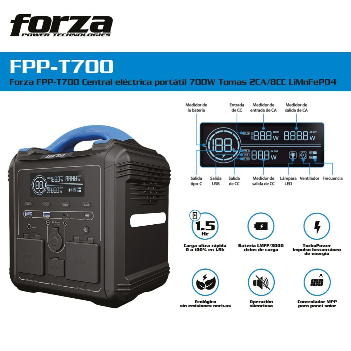 FORZA - Generador Eléctrico Portátil Forza Titan FPP-T700 700W Batería LMFP Carga Rápida Solar