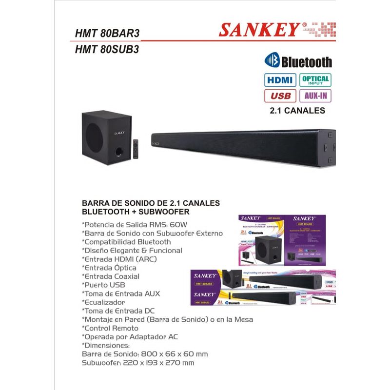 SANKEY - Teatro en Casa Barra de sonido Bluetooth Aux Optico con Subwoofer Sankey