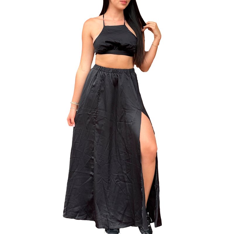 VIA7 - conjunto americano satin de falda larga abertura y blusa corta