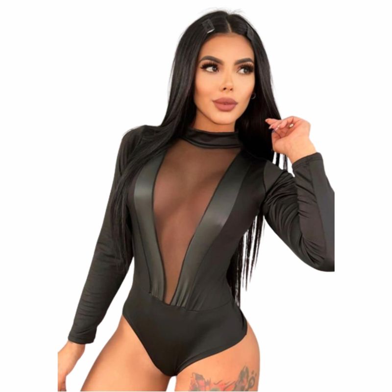 RAINBOW MODA - Body Cuero Blusa Negra Ajustada Mujer