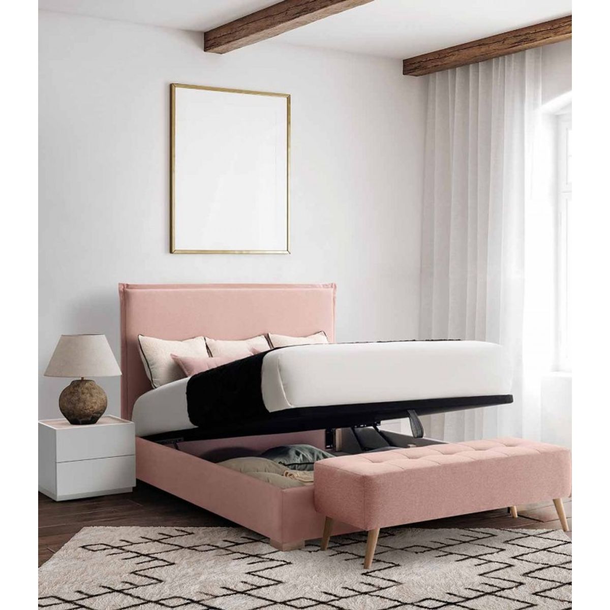 PLUMA HOME - Cama Baul Ingravity + Colchón Ortopedico  120 x 190 cm + 2 Alm + Protect