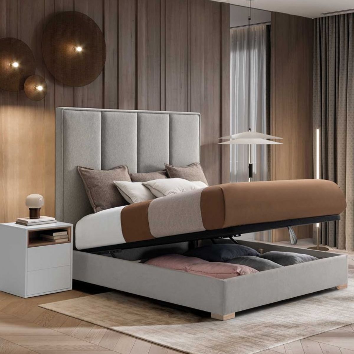 PLUMA HOME - Cama Baul SILVER + Colchón Ortop Queen 160 x 190 cm + 2 Alm + protect