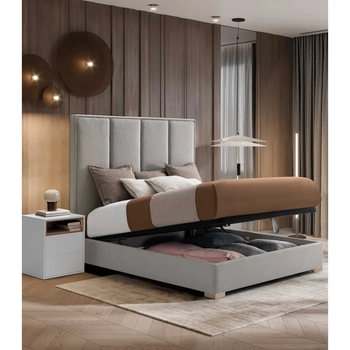 PLUMA HOME - Cama Baul SILVER + Colchón Ortop Queen 160 x 190 cm + 2 Alm + protect