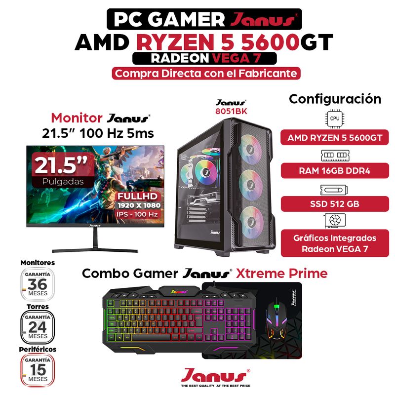 JANUS - Computador Gamer Janus Ryzen 5 5600GT SSD 512 GB M2 RAM 16GB Monitor 22 121626
