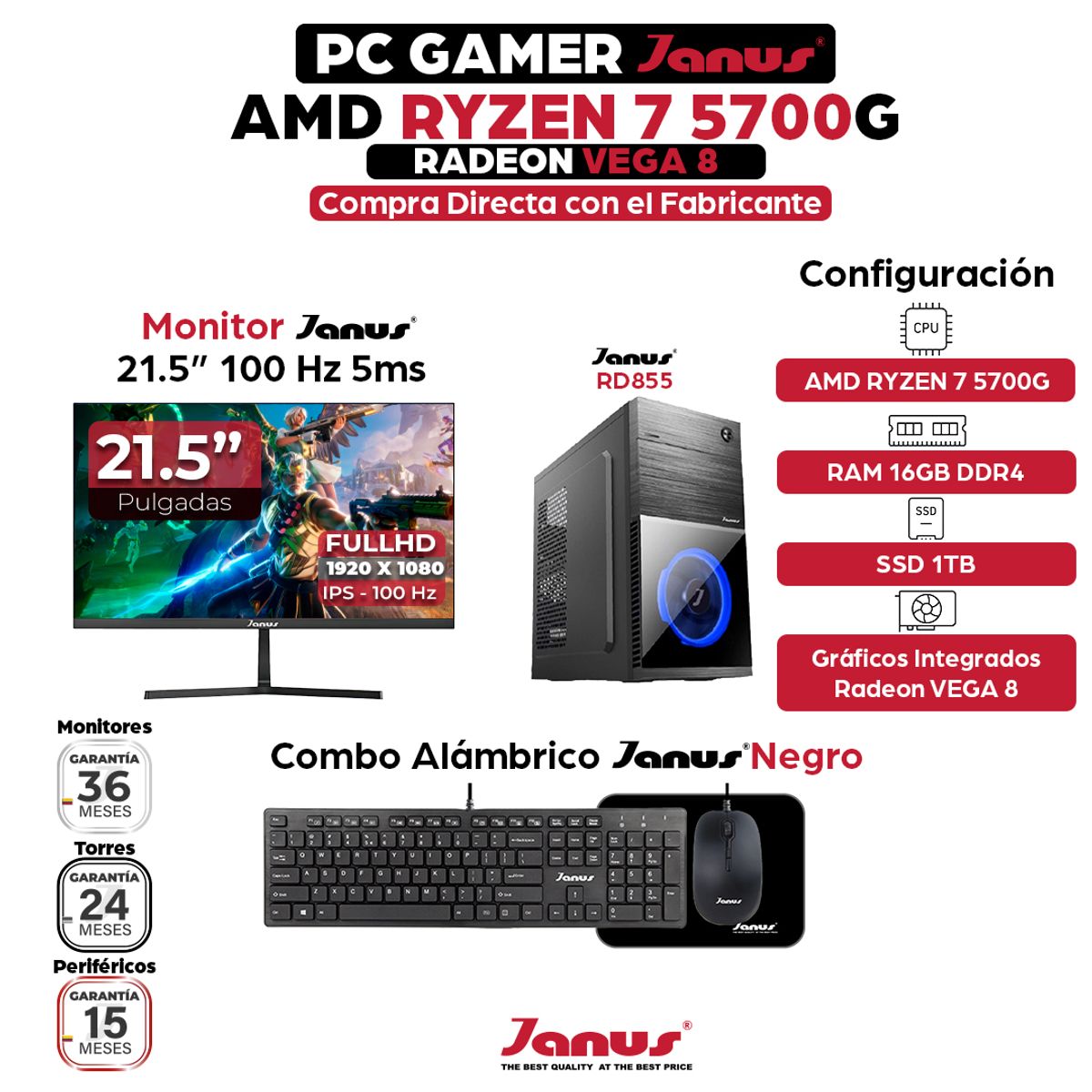 JANUS - Computador de Escritorio Ryzen 7 5700G SSD1TB M2 RAM16GB Monitor 22 121643
