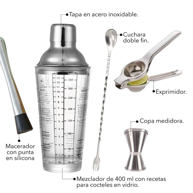 GENERICO - kit de Coctelería Incluye un Mezclador de Vidrio de 400 ml