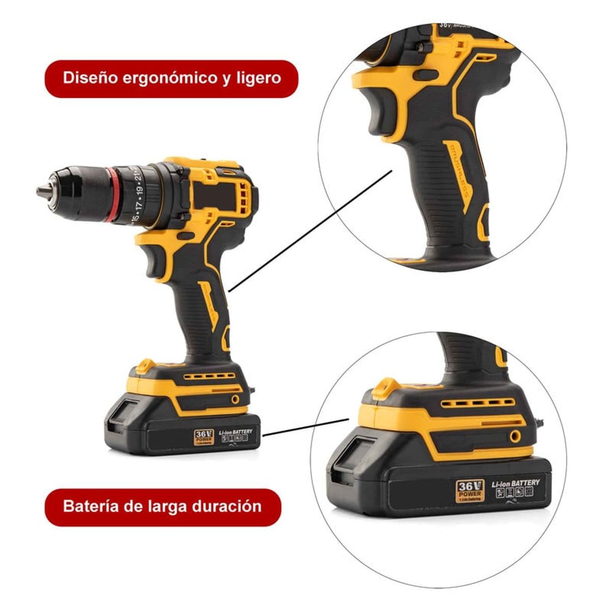 ENERGY PLUS - Taladro Inalámbrico 36V 14 Accesorios 2 Baterías Recargables