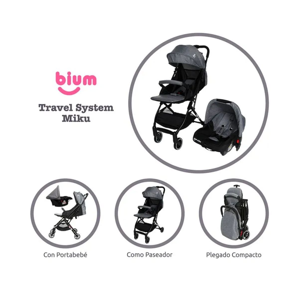 BIUM - Coche Y Portabebe Miku Travel Sistem Gris Oscuro Bium