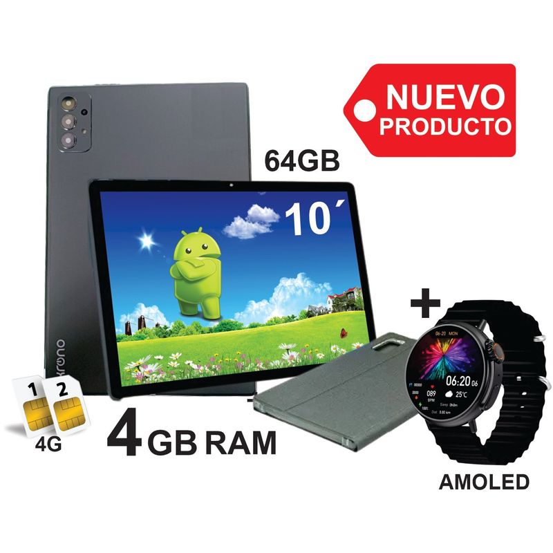 KRONO - Tablet 10 Pulgadas 4GB RAM Doble Sim Card 64GB + Reloj Amoled