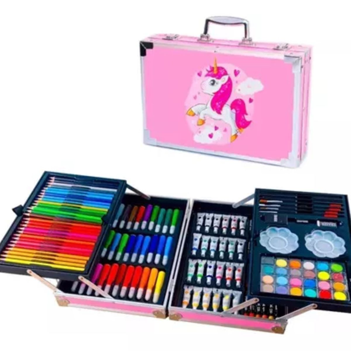 GENERICO - Set Kit Creativo Arte Dibujo Maleta Metálica X 145pcs - Unicornio Rosa