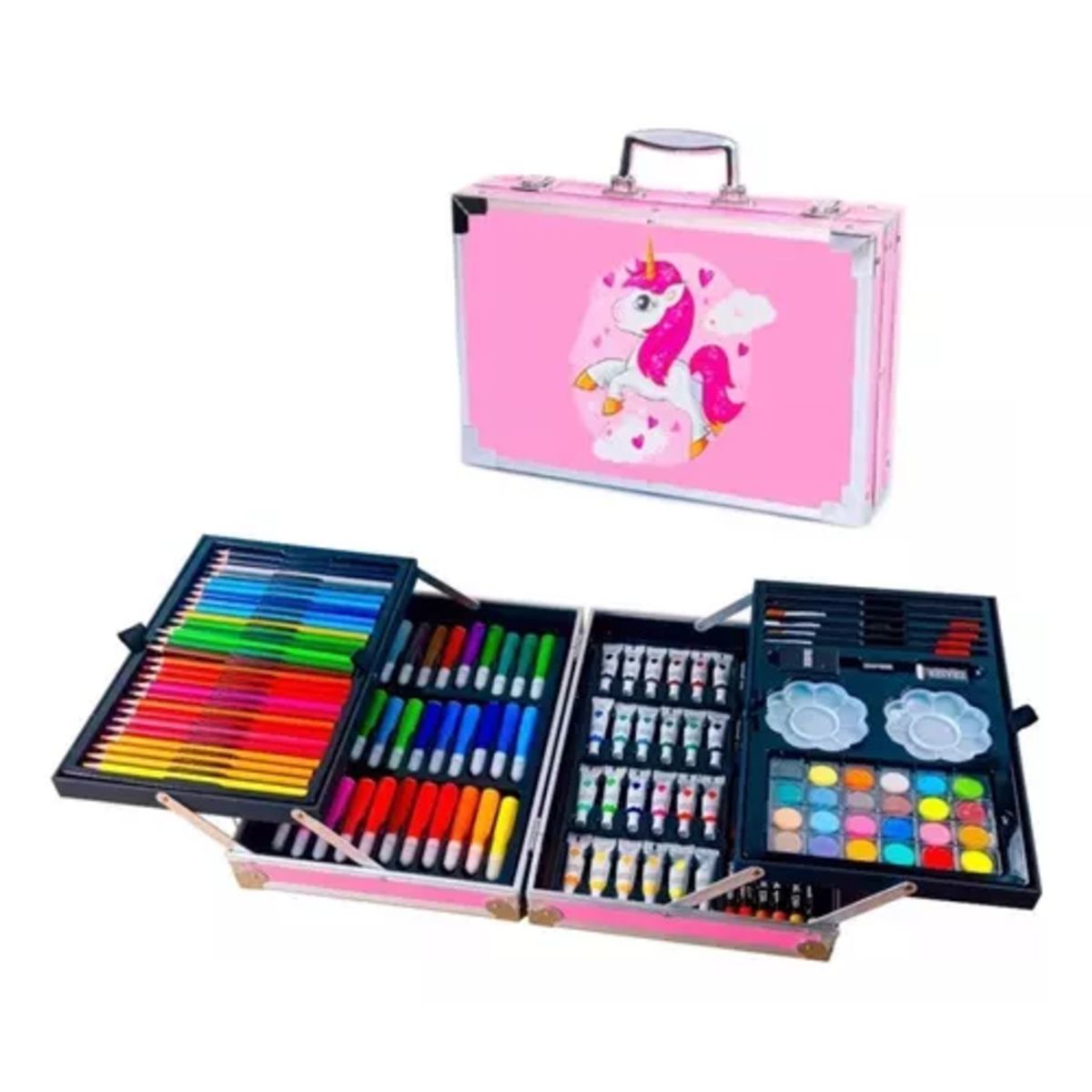 GENERICO - Set Kit Creativo Arte Dibujo Maleta Metálica X 145pcs - Unicornio Rosa