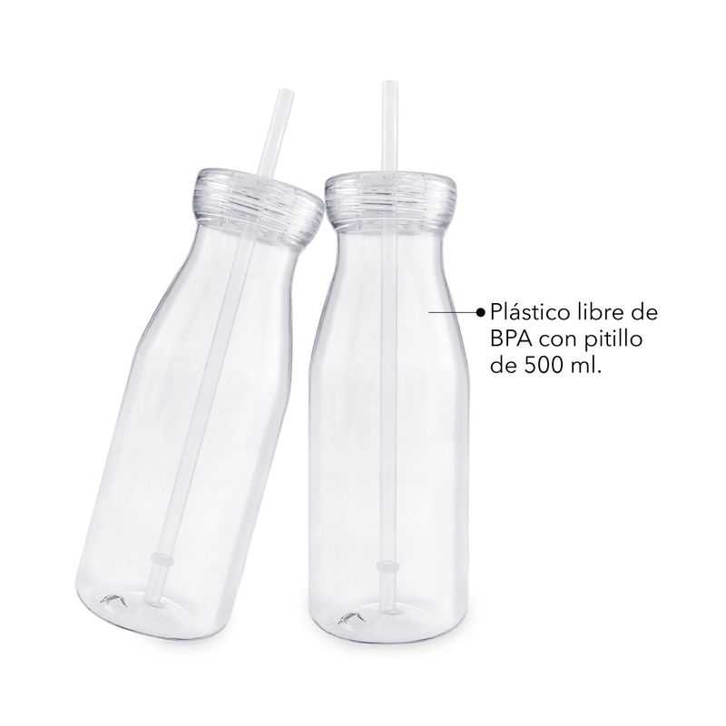GENERICO - Botella Transparente de Plástico con Pitillo Reutilizable 500 ml