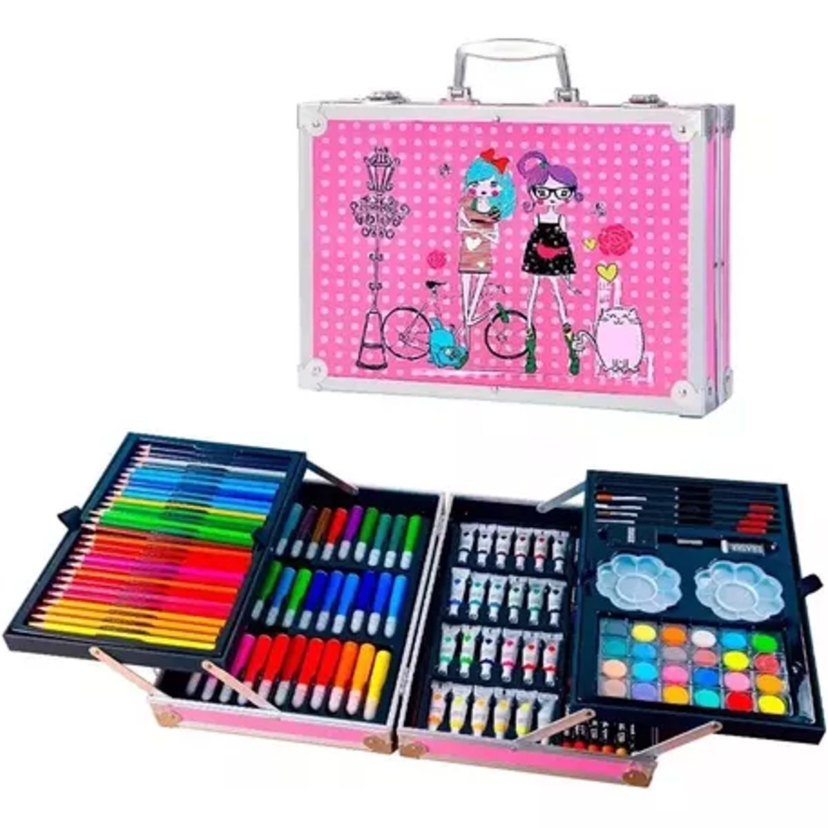 GENERICO - Set Kit Creativo Arte Dibujo Maleta Metálica X 145pcs - Muñeca Rosa