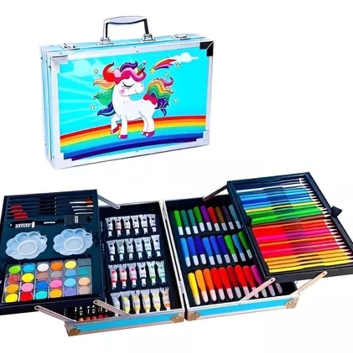 GENERICO - Set Kit Creativo Arte Dibujo Maleta Metálica X 145pcs - Unicornio Azul