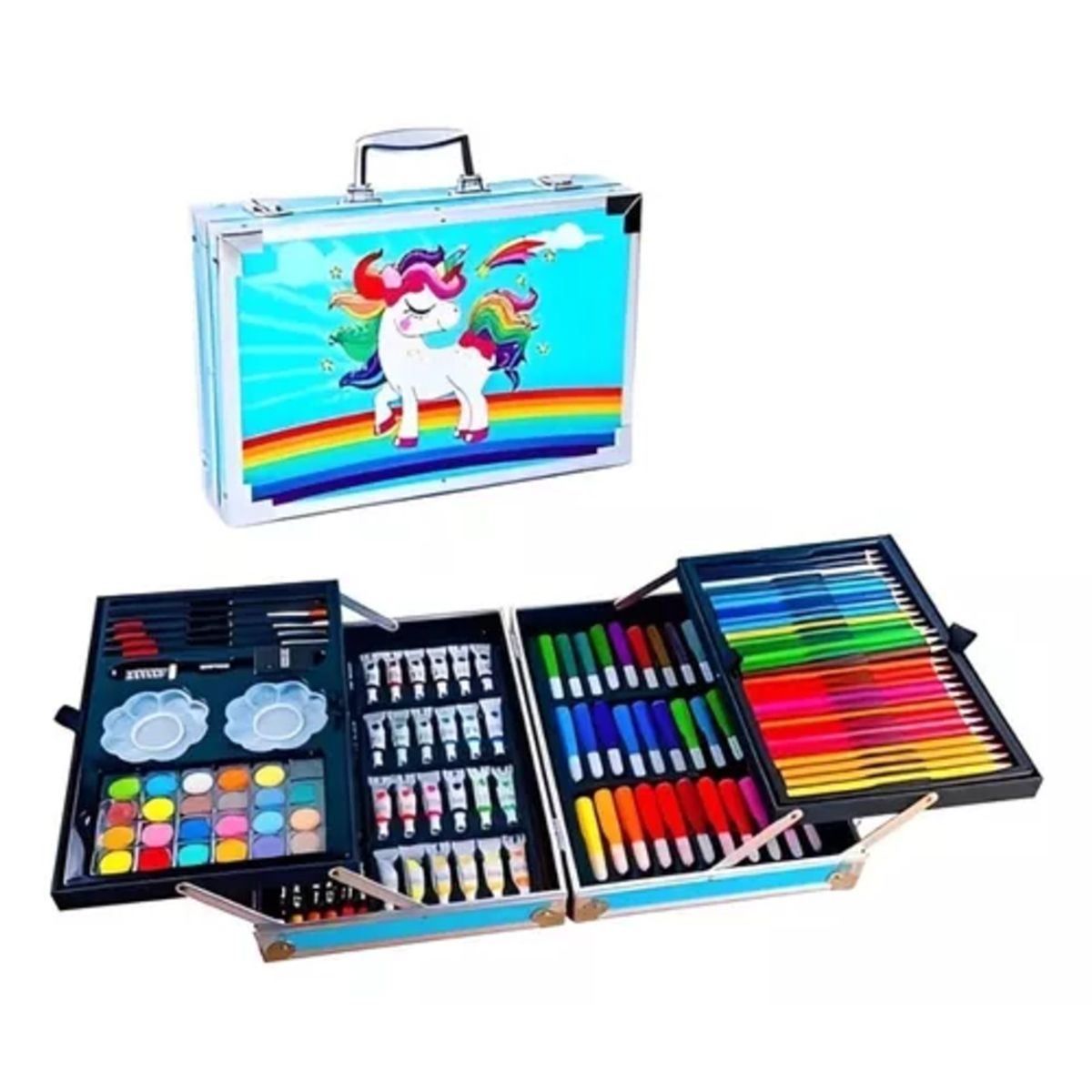 GENERICO - Set Kit Creativo Arte Dibujo Maleta Metálica X 145pcs - Unicornio Azul