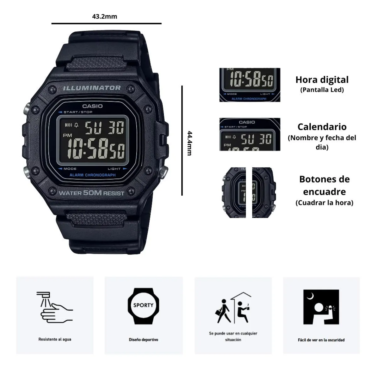 CASIO - Reloj Casio Modelo W-218H-1B Diseño Deportivo