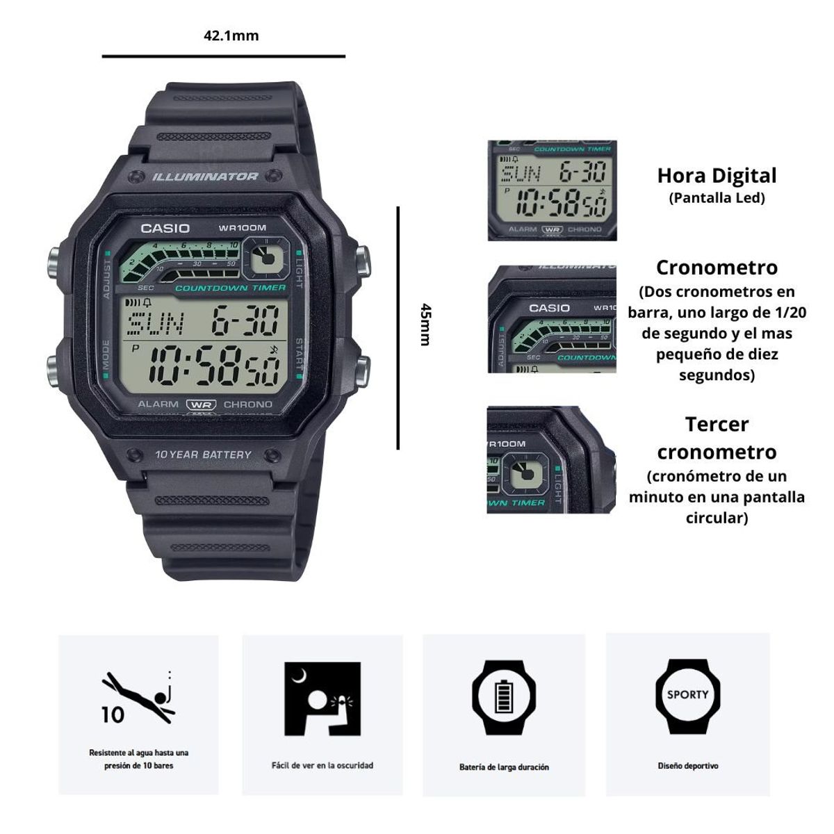 CASIO - Reloj Casio WS-1600H-8A Diseño Deportivo