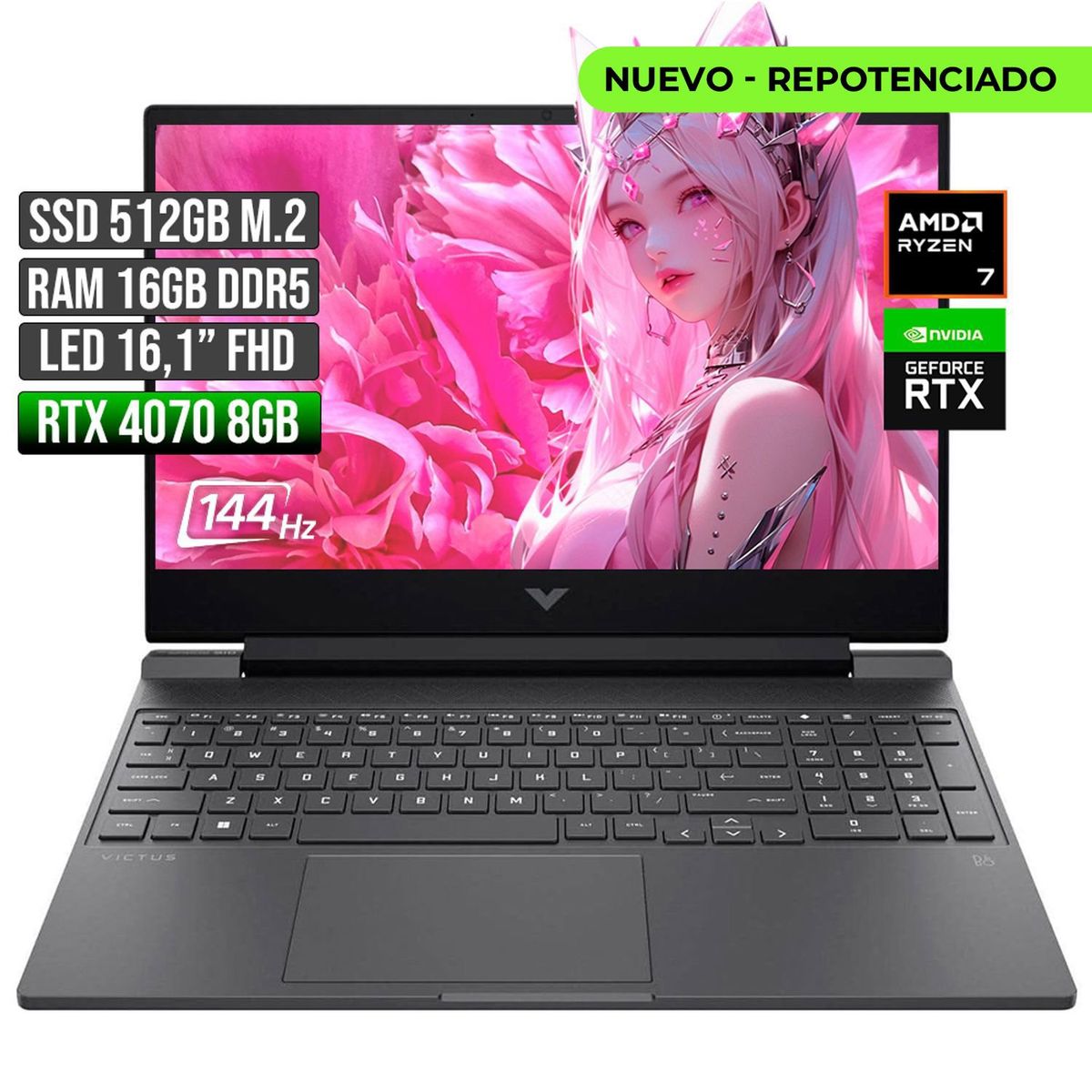HP - HP VICTUS AMD RYZEN 7-8845HS RTX 4070 8GB SSD 512GB RAM 16GB LED 16" FHD 144Hz
