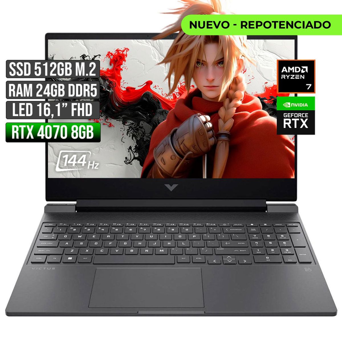 HP - HP VICTUS AMD RYZEN 7-8845HS RTX 4070 8GB SSD 512GB RAM 24GB LED 16" FHD 144Hz