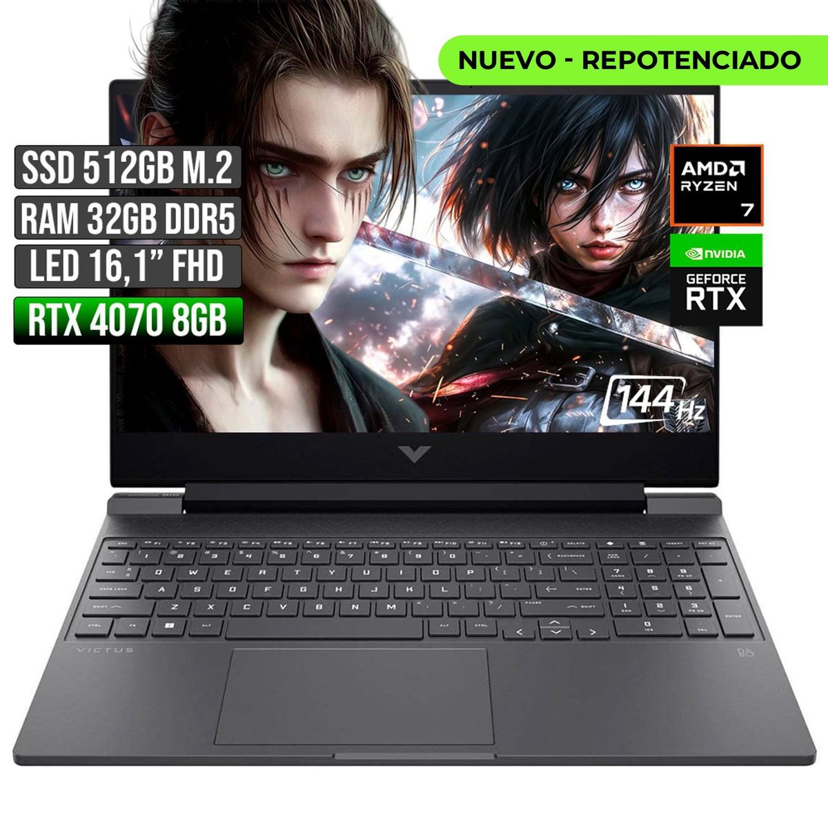 HP - Portátil HP Victus AMD Ryzen 7 RTX 4070 32GB RAM 512GB SSD 16" FHD