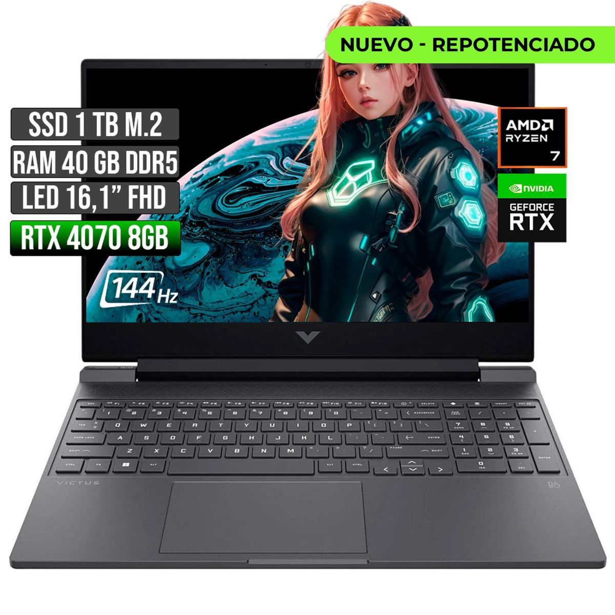 HP - Portátil HP Victus AMD Ryzen 7 RTX 4070 40GB 1TB 16" FHD